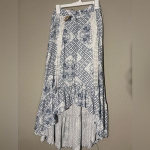 Blue and white high low boho skirt